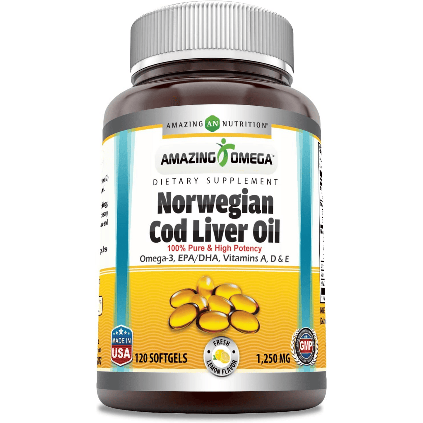 Amazing Omega Norwegian Cod Liver Oil 1250 Mg Softgels Supplement | Omega-3, EPA, DHA, Vitamin A, Vitamin D & Vitamin E (Lemon | 120 Count)