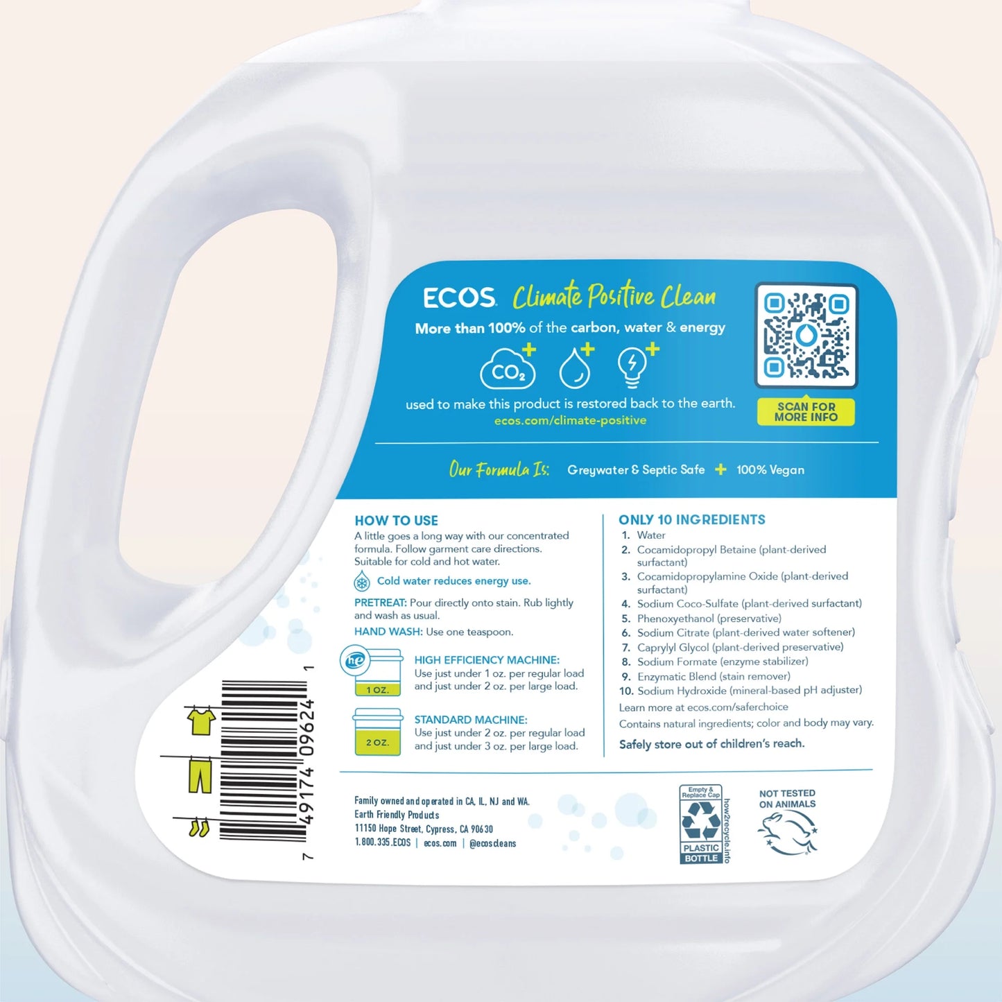 ECOS Plus Liquid Laundry Detergent with Stain-Fighting Enzymes, Free & Clear, 120 Loads, 110oz