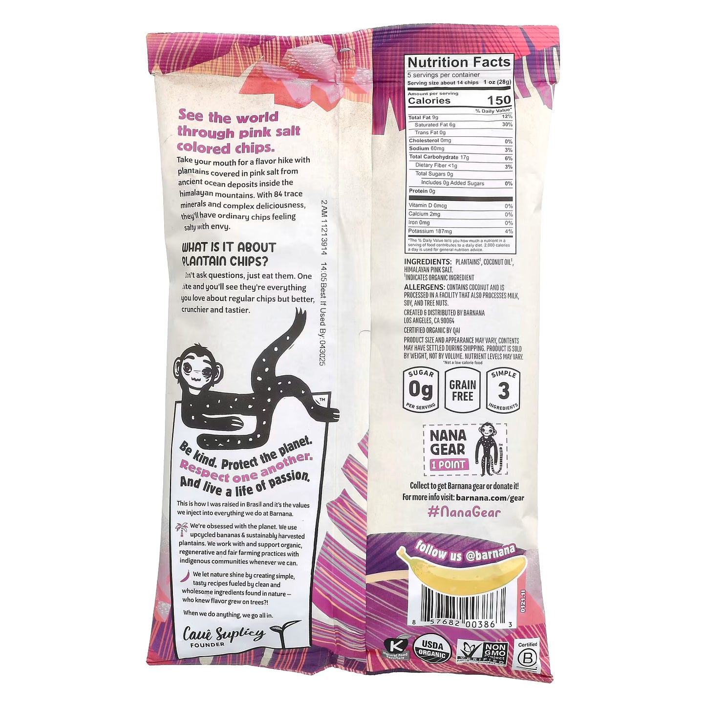 Barnana, Organic Plantain Chips, Himalayan Pink Salt, 5 oz (140 g)