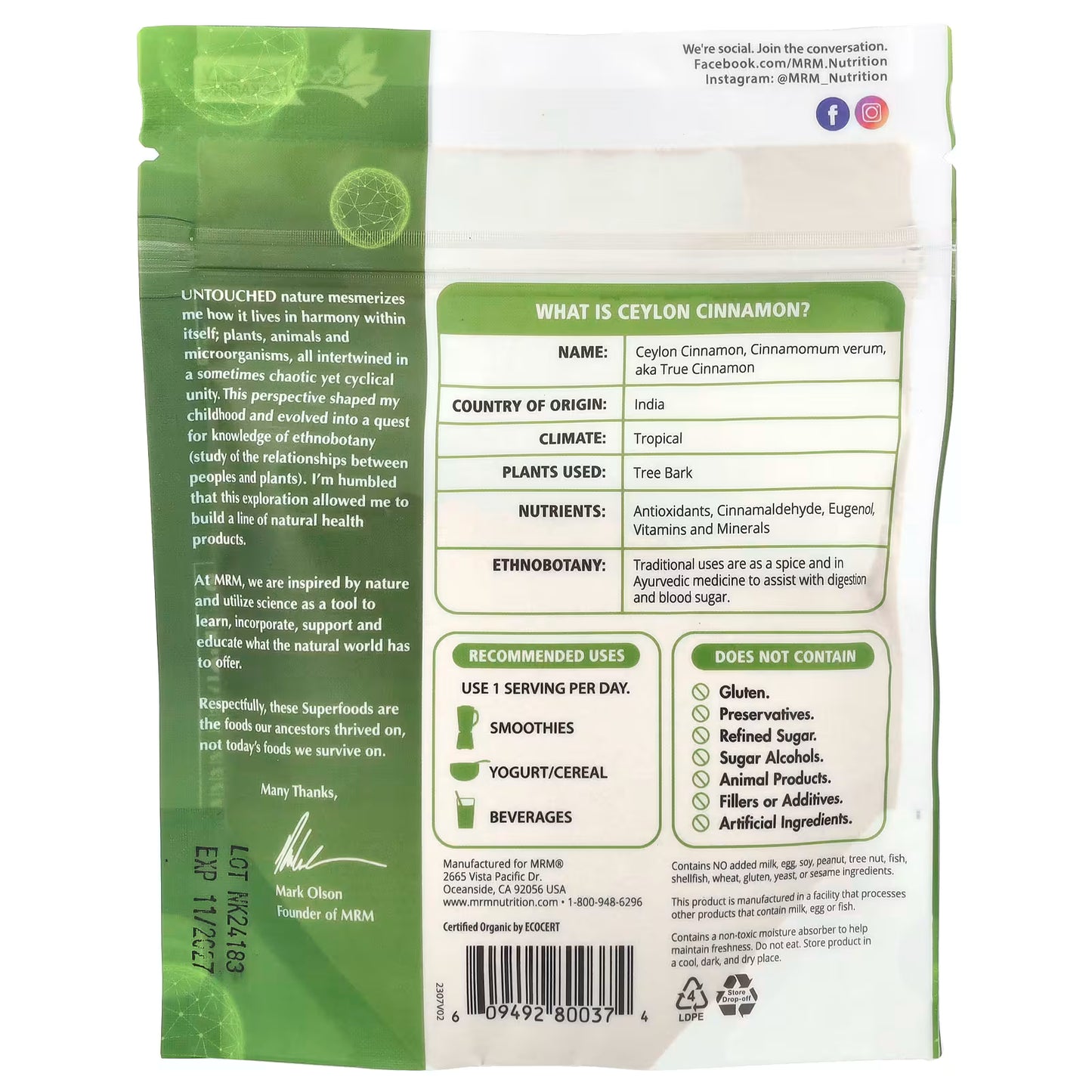 MRM Nutrition, Organic Ceylon Cinnamon Powder, 4 oz (113 g)