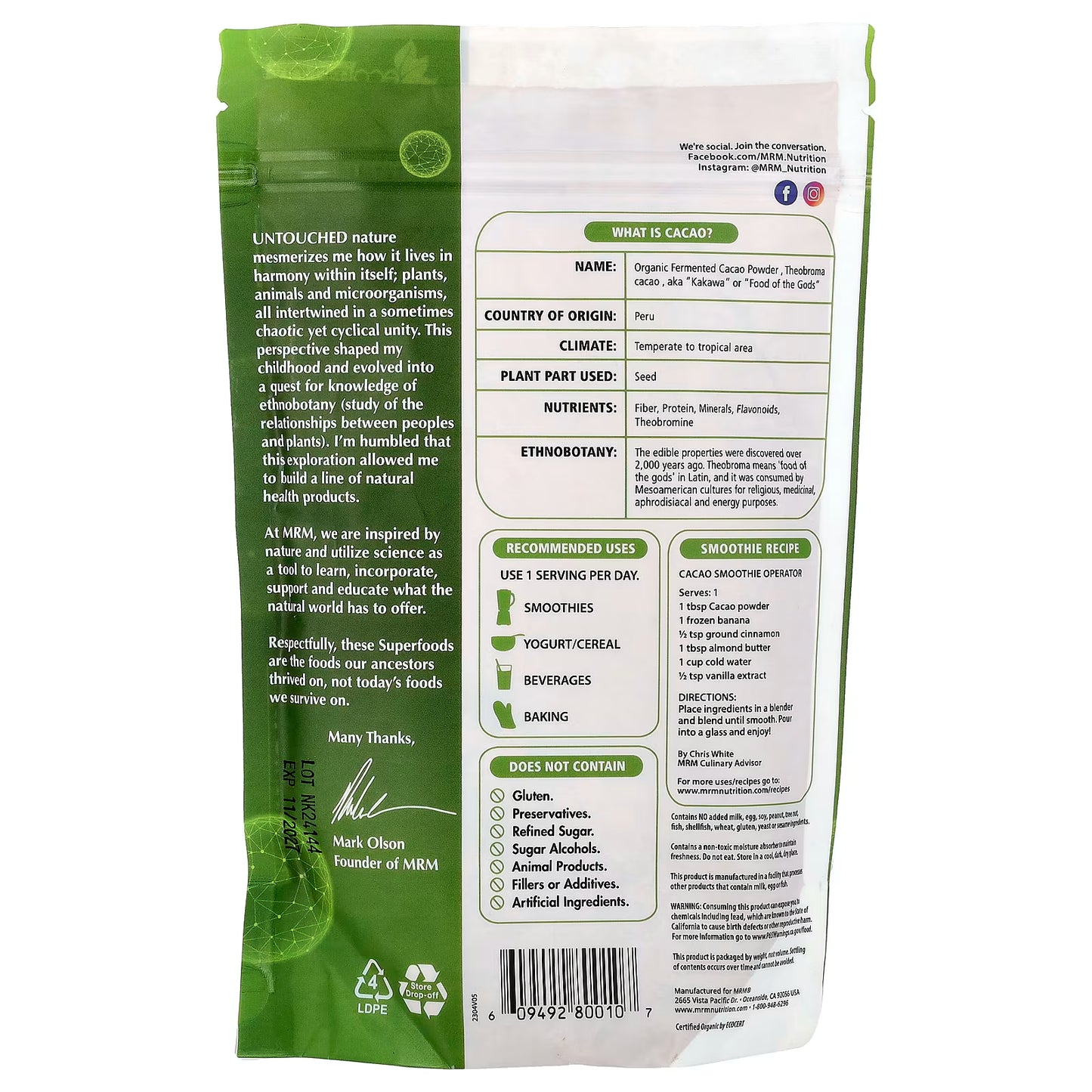 MRM Nutrition, Organic Fermented Cacao Powder, 8.5 oz (240 g)