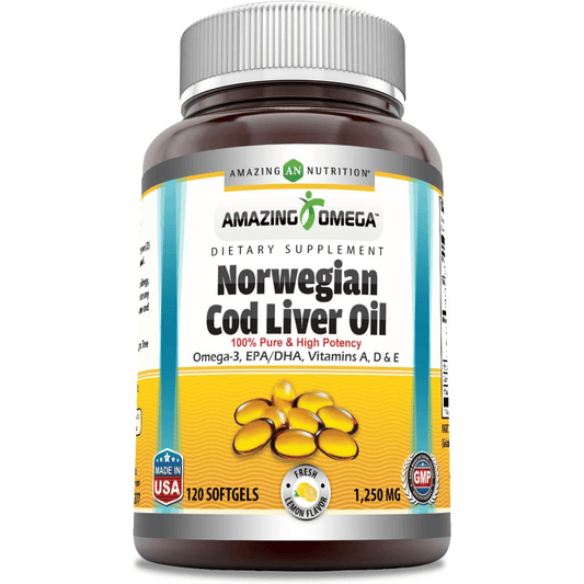 Amazing Omega Norwegian Cod Liver Oil 1250 Mg Softgels Supplement | Omega-3, EPA, DHA, Vitamin A, Vitamin D & Vitamin E (Lemon | 120 Count)