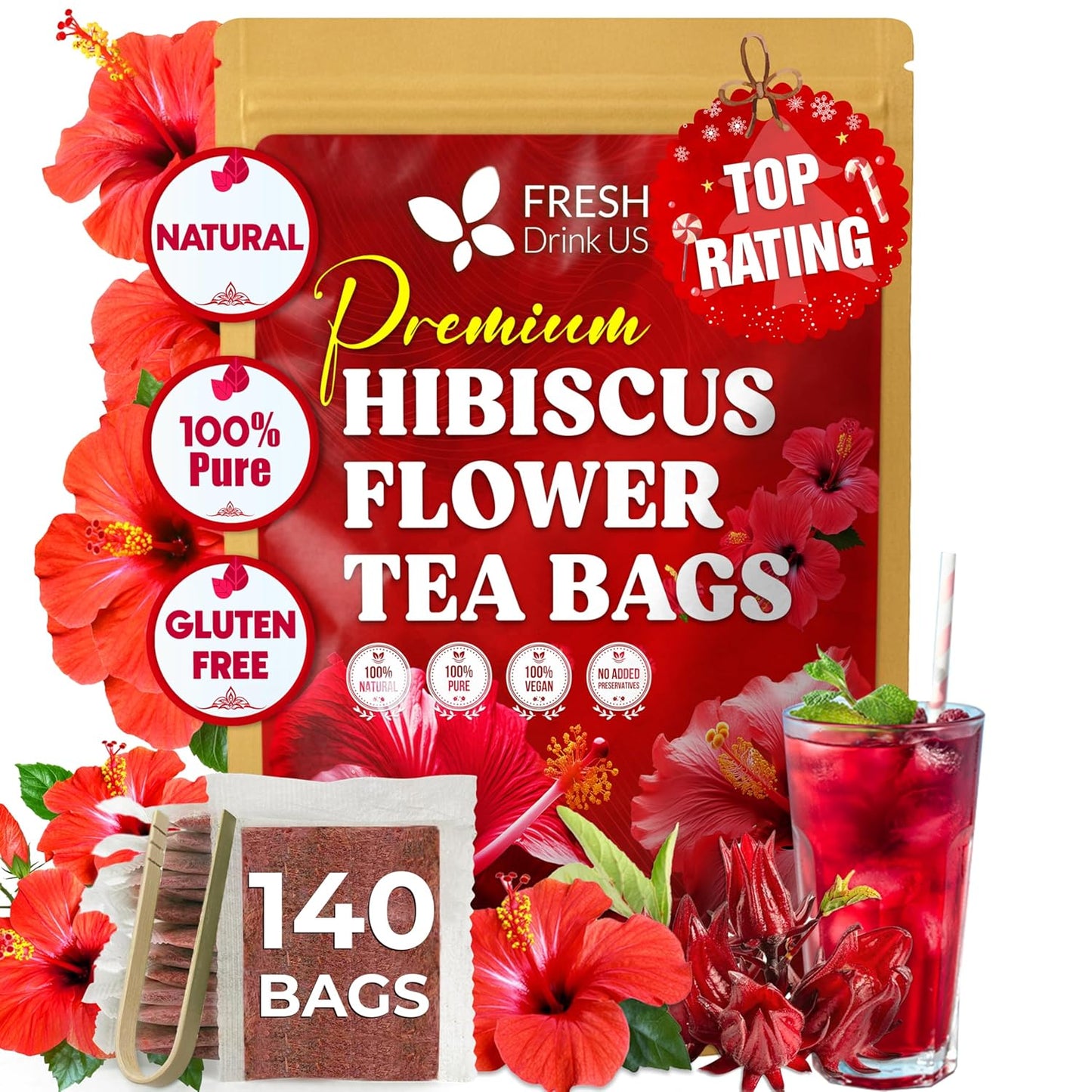 Hibiscus Flowers Tea Bags, 100% Natural, Handmade & Pure from Hibiscus Flowers.