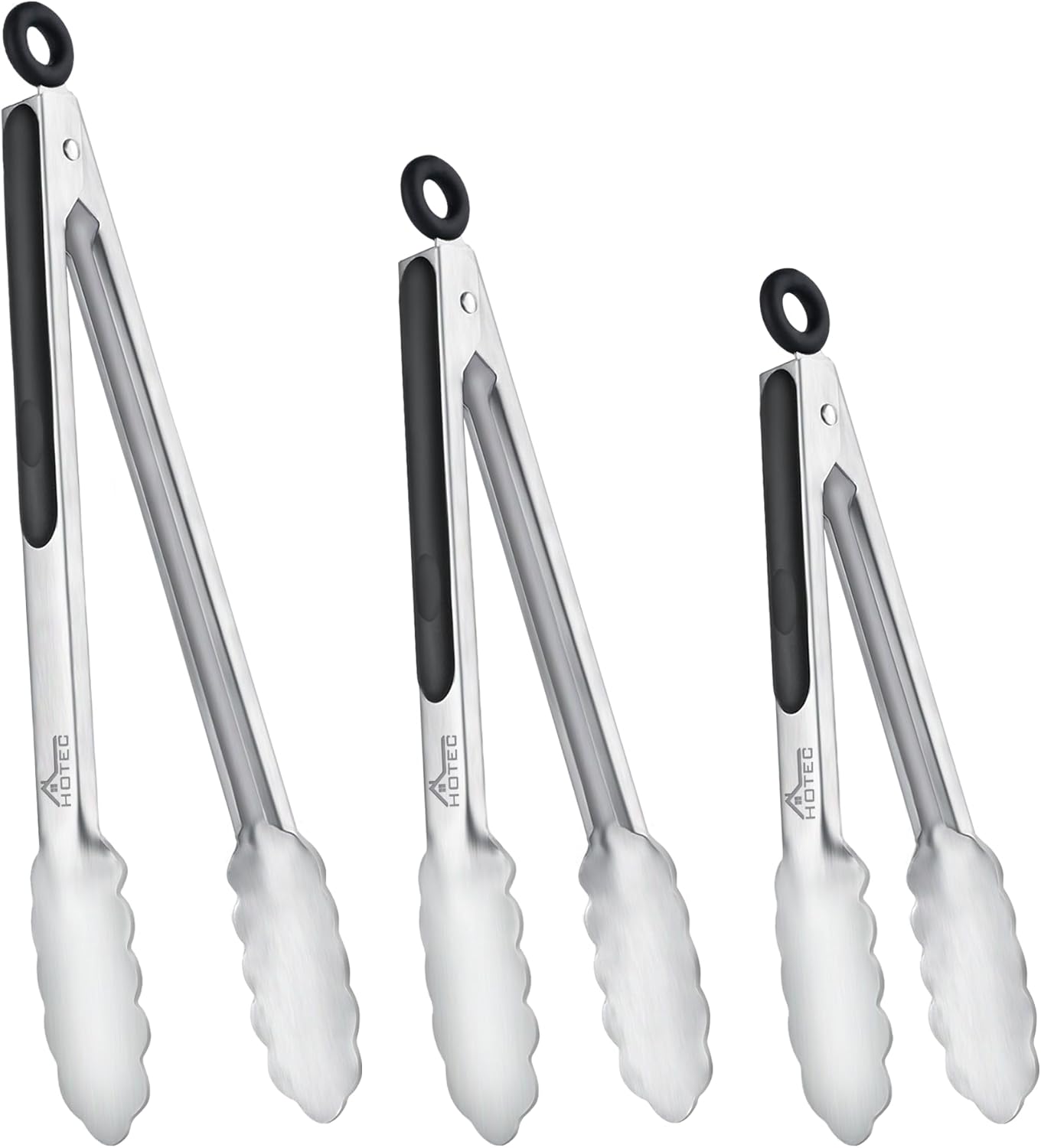 Hotec Stainless Steel Kitchen Tongs, Set of 3-7", 9" and 12", Locking Metal Food Tongs for Cooking, Serving, BBQ, Grill Non-Slip Grip
